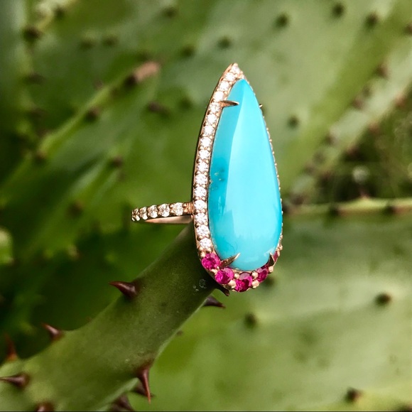 Sleeping beauty turquoise, diamond & ruby ring - Picture 6 of 8